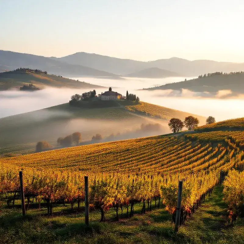 Piedmont Barolo vineyards in early morning mist, the Langhe hills emerging from fog with autumn-colored vine rows in...