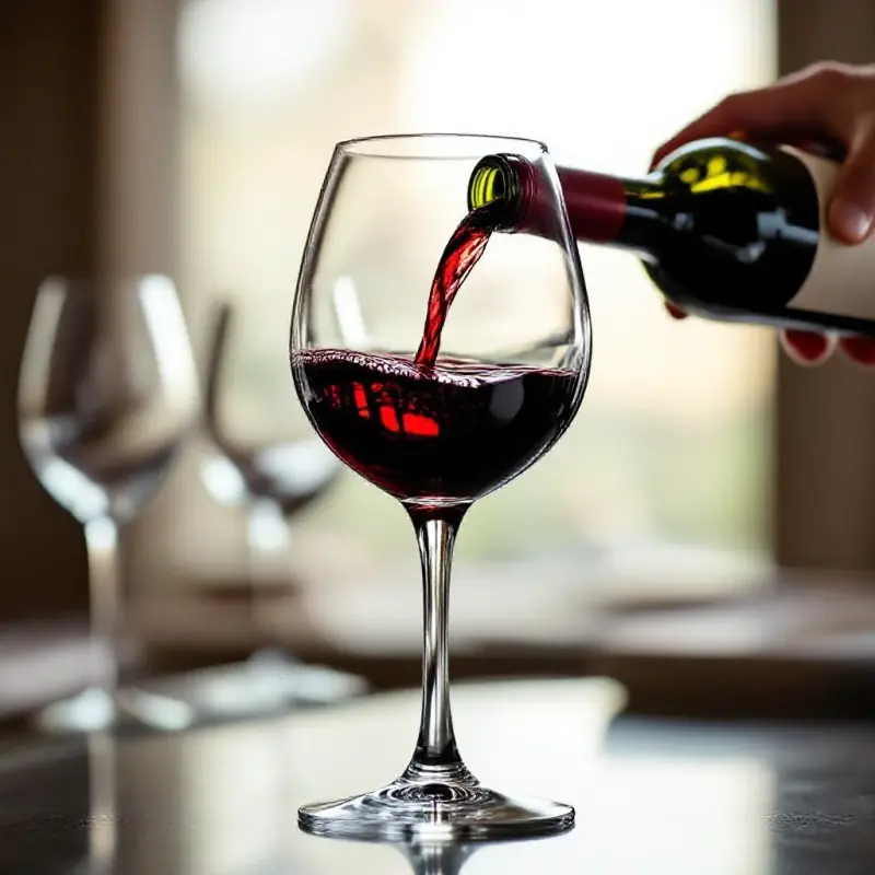A sommelier swirling a deep red Italian wine in a large crystal glass, professional tasting environment with concentr...