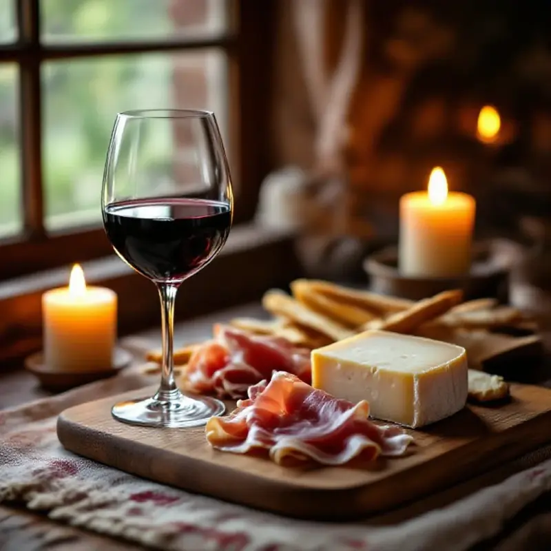 A glass of Chianti Classico beside a wooden board with aged pecorino cheese, prosciutto, and grissini on a rustic Ita...