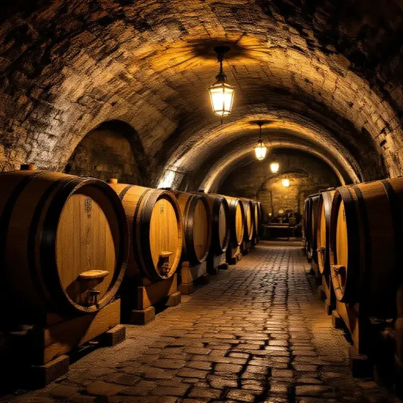 A traditional Jura wine cellar with ancient oak barrels under oxidative aging in a stone-vaulted space, soft amber la...