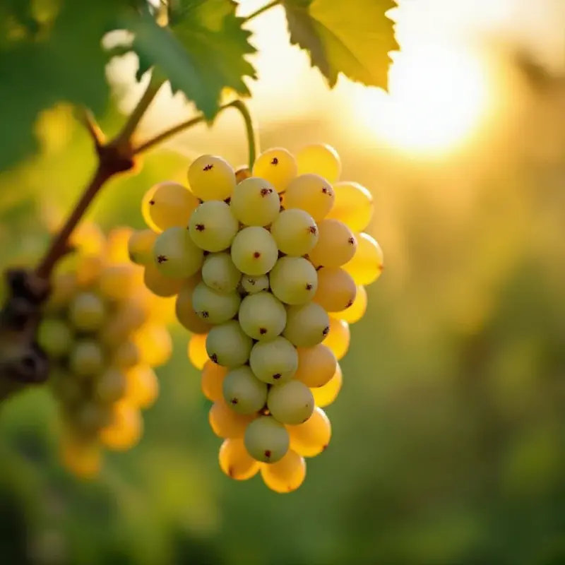 Savagnin blanc grape clusters hanging on the vine, pale green-gold berries with a translucent quality in warm afterno...