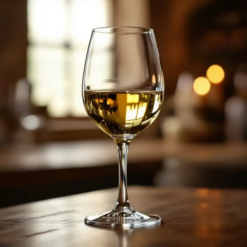 A chardonnay glass filled with pale golden wine from the Jura, soft diffused window light catching the wine’s clarity...