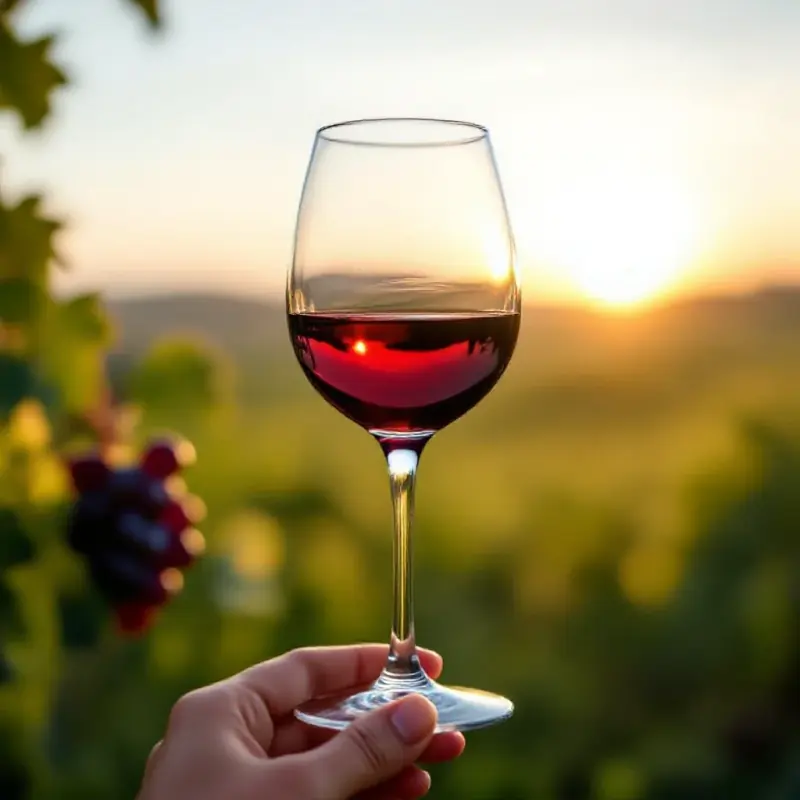 A poulsard red wine glass with light translucent ruby color held up to soft daylight, the pale garnet tones clearly v...