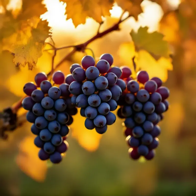 Trousseau red grape clusters on the vine, small deep-ruby berries with a dusty bloom catching warm afternoon light, a...