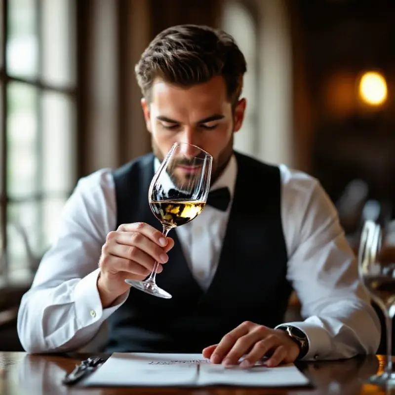 A sommelier carefully examining a Jura wine in a large crystal tasting glass held up to soft window light, the profes...