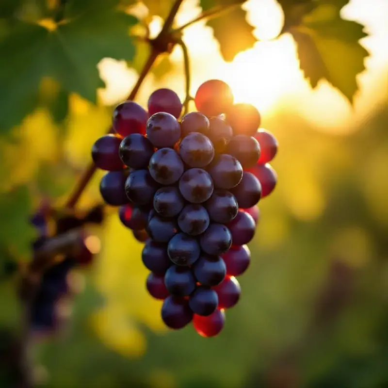 Sunlight streaming through a perfect cluster of deep purple wine grapes on the vine, the berries glowing translucent...