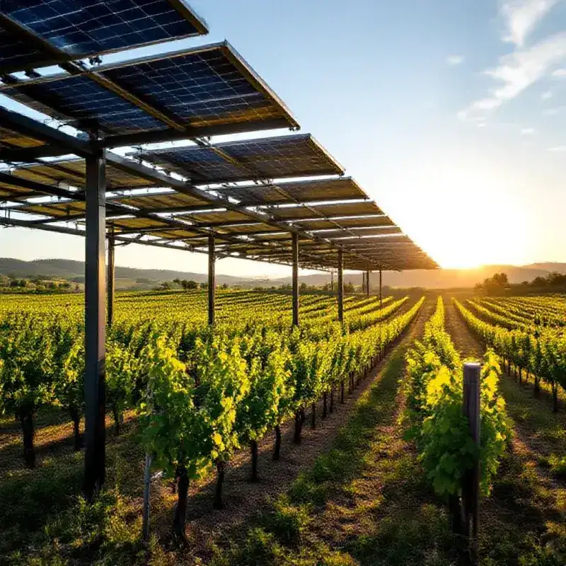 A modern agrivoltaic installation in a Languedoc vineyard, solar panels mounted above vine rows with the vines thrivi...