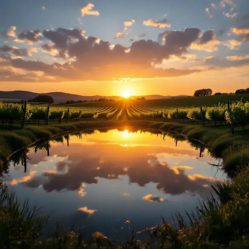 A still reflecting pond surrounded by Languedoc vineyard land, the warm sunset sky and vine rows mirrored perfectly i...