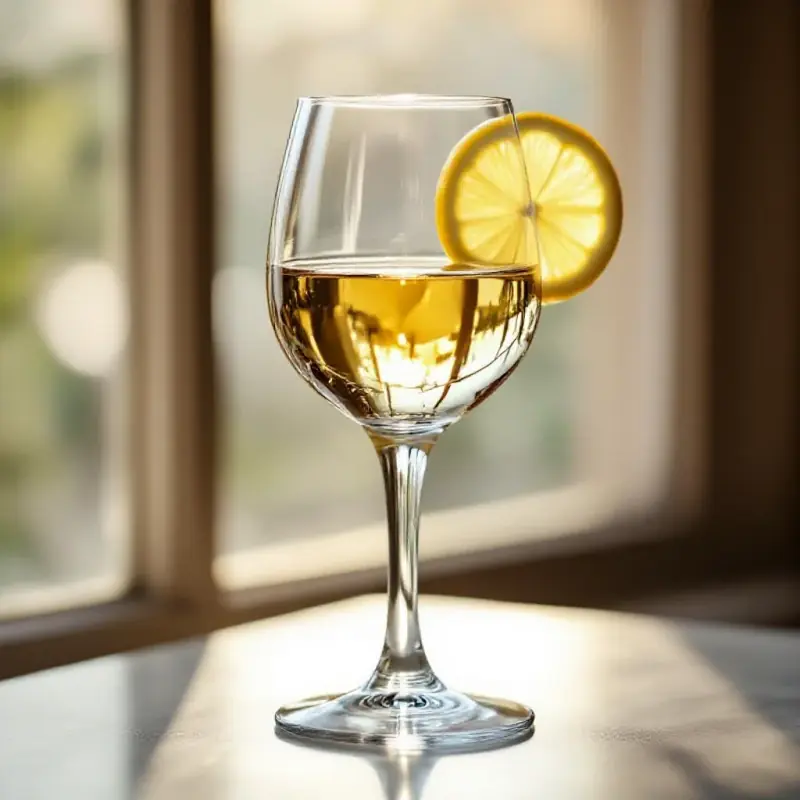 A pale mineral dry Muscat wine in a crystal glass, the pale golden color catching soft diffused window light, a lemon...