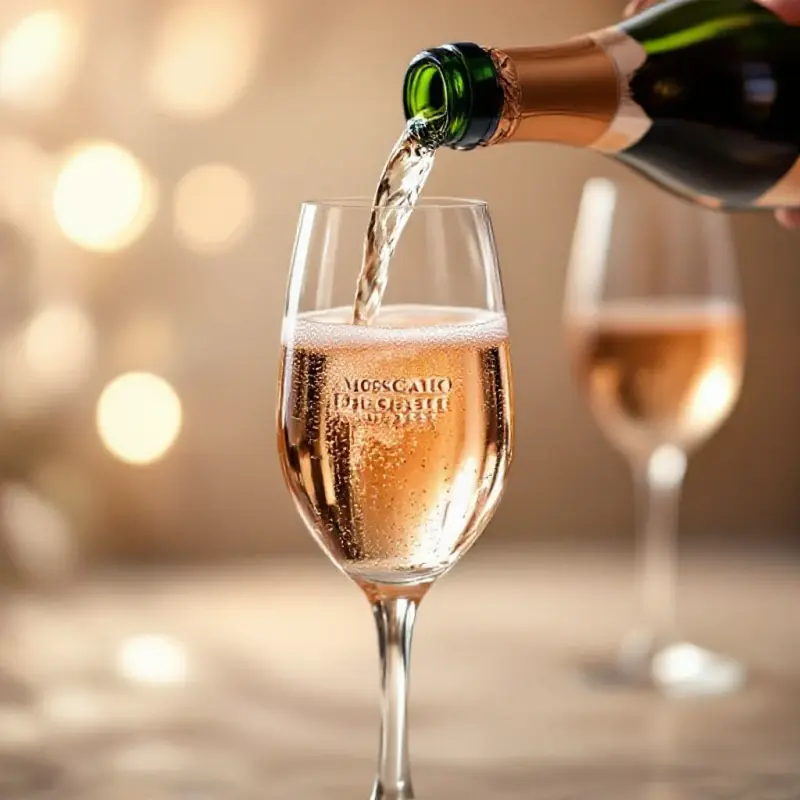 A sparkling Moscato d’Asti being poured into a champagne glass, fine persistent bubbles in the pale golden-pink liqui...