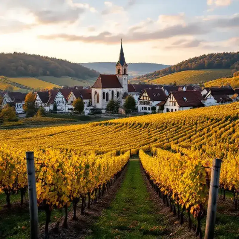 Alsatian vineyards with a village church and half-timbered houses visible between the vine rows, autumn vine foliage...