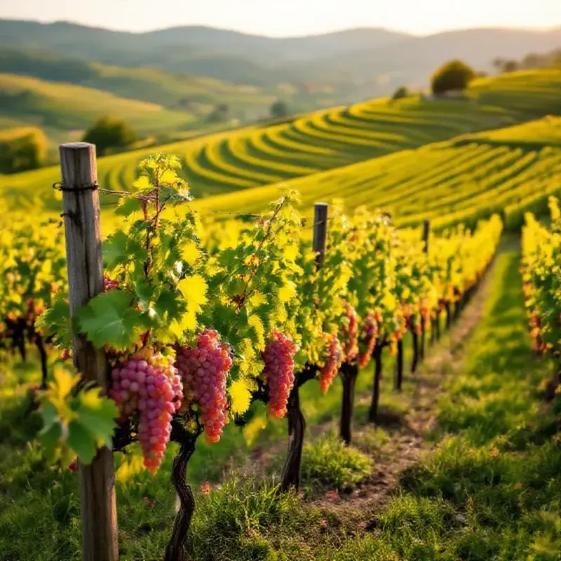 Gewurztraminer vines in the Alsace region, the classic terraced hillsides with pink and amber grape clusters, warm af...