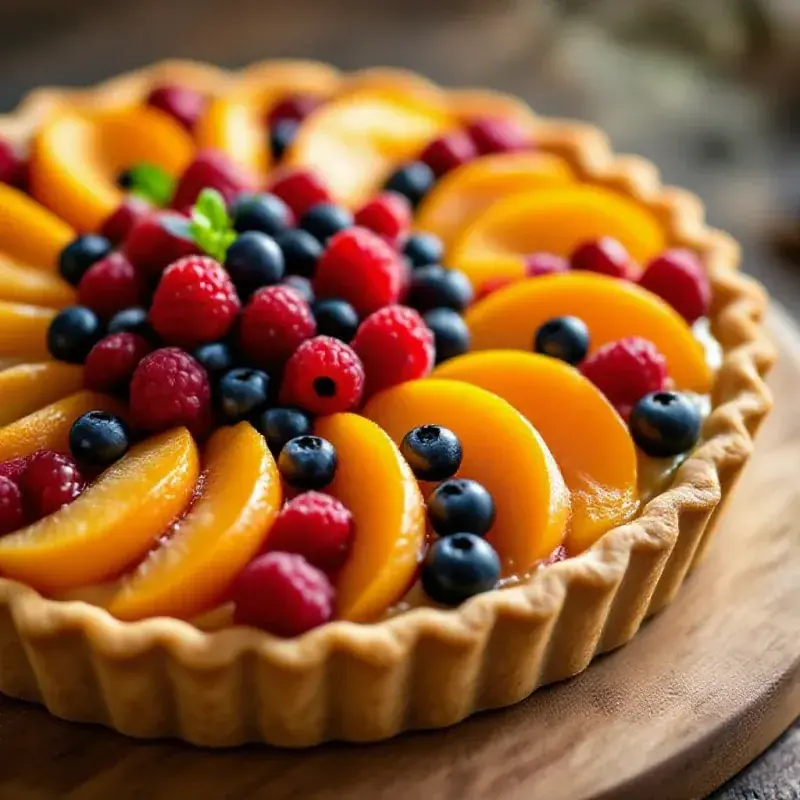 A fresh fruit tart with apricots, peaches, and berries in a golden pastry shell, soft natural light, 85mm f/2