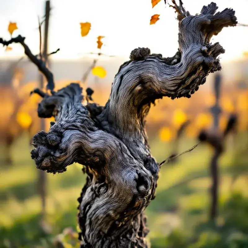 An ancient Pinot Noir vine trunk, gnarled and twisted, the old wood showing decades of Burgundy winters, warm afterno...