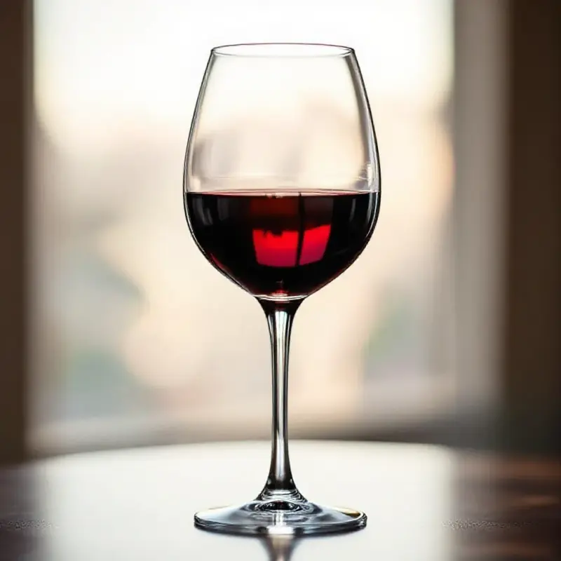 A large Burgundy balloon glass filled with a light translucent Pinot Noir wine, the delicate ruby color visible again...