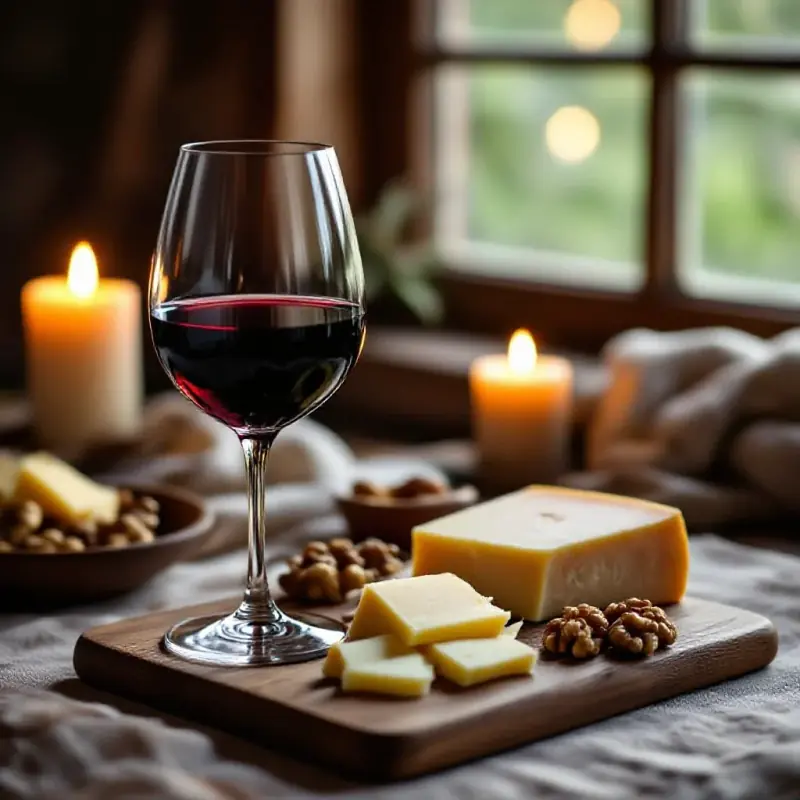 A glass of Pinot Noir red wine beside a rustic cheese board with aged comté and walnuts on a linen-covered table, war...