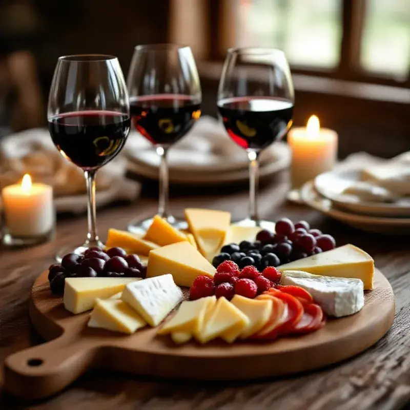 A beautifully arranged cheese board with multiple varieties alongside red and white wine glasses on a rustic wooden t...