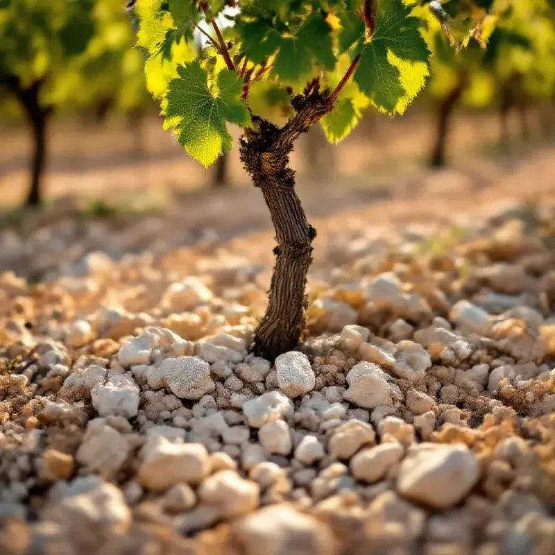 The pale chalky limestone soil of a Provence vineyard with small white pebbles and terracotta earth around the base o...