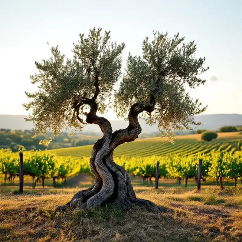 A gnarled old olive tree with silvery leaves bent by the Mistral wind in a Provence landscape, vineyard rows visible...
