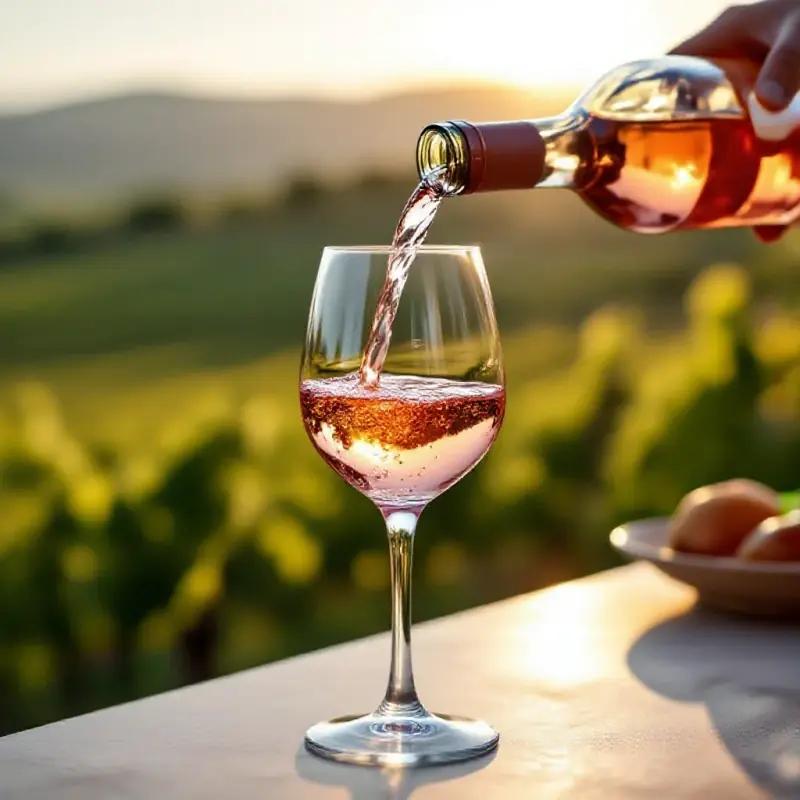 Pale salmon-pink rosé wine being poured into a crystal glass on a terrace overlooking a Provence vineyard, the liquid...