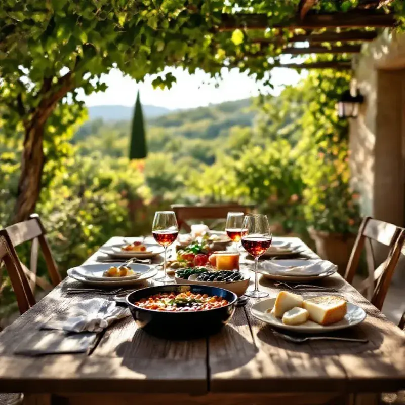A rustic wooden terrace table set with Provençal dishes including ratatouille, olives, cheese and rosé wine, dappled...