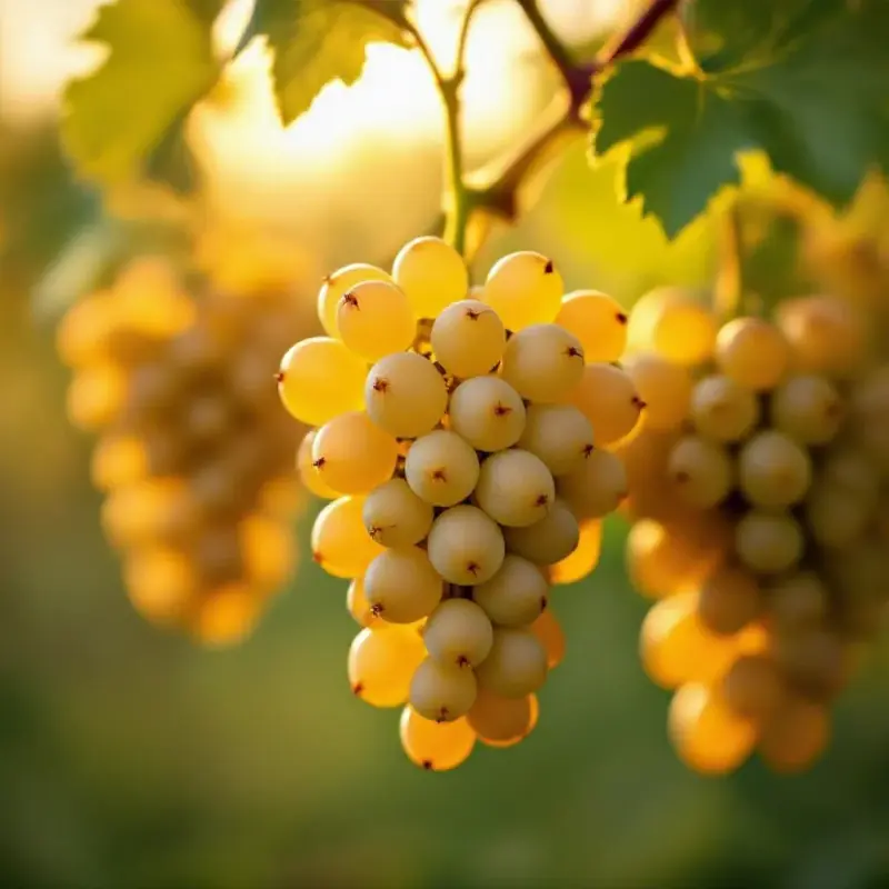 Tight compact white Riesling grape clusters on the vine, small golden-amber berries with a dusty bloom catching warm...