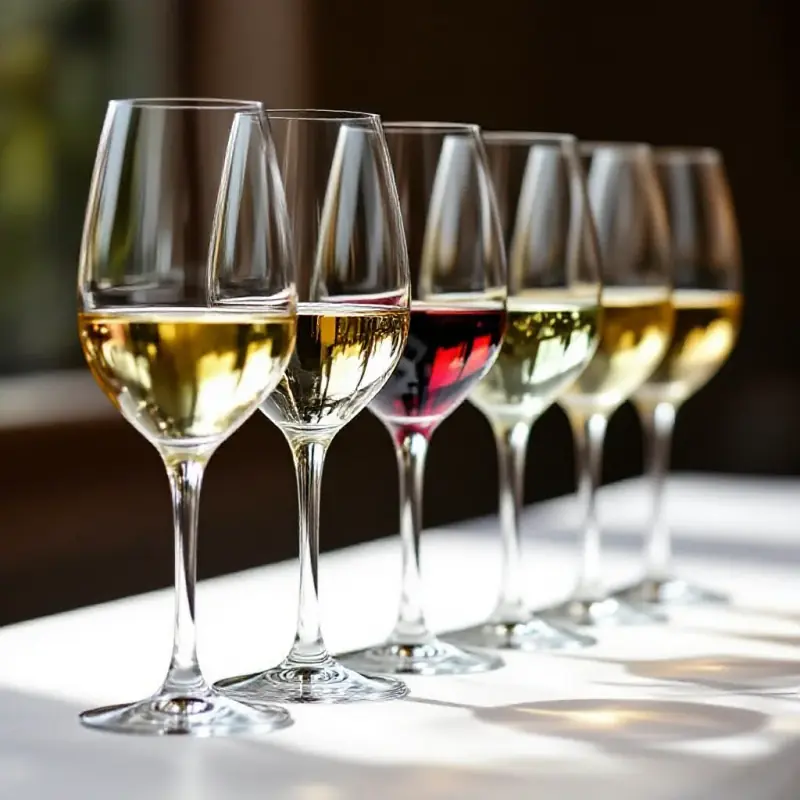 Multiple Riesling wine glasses in a row on a white tasting table, showing the spectrum of styles from pale lemon to d...