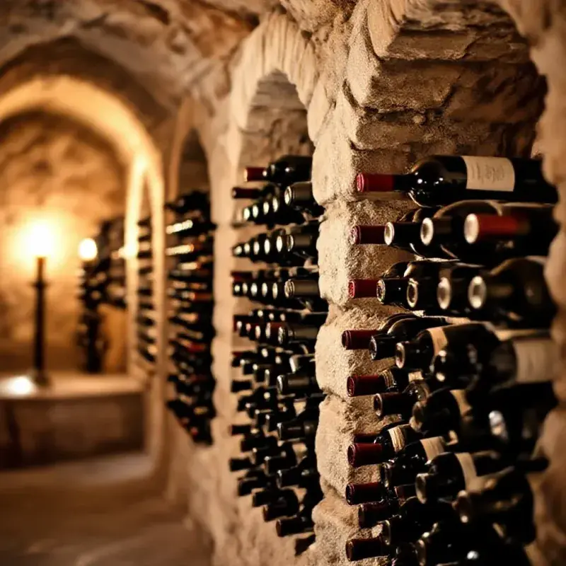 An old wine cellar with wine bottles stacked horizontally in stone niches, labels showing age and dust, soft amber li...