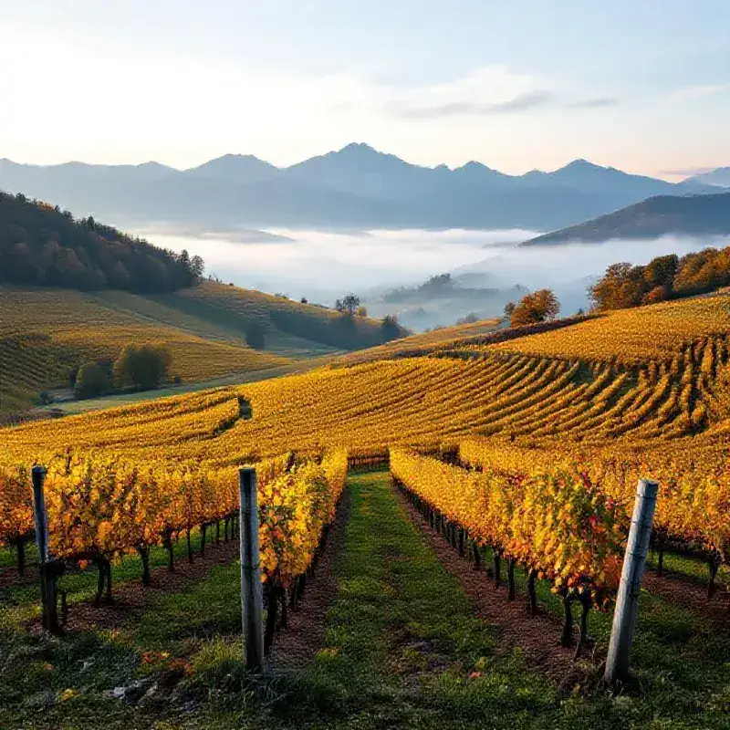 Alsatian Riesling vineyards on granite hillsides in late autumn, vine rows showing russet and gold colors against mis...