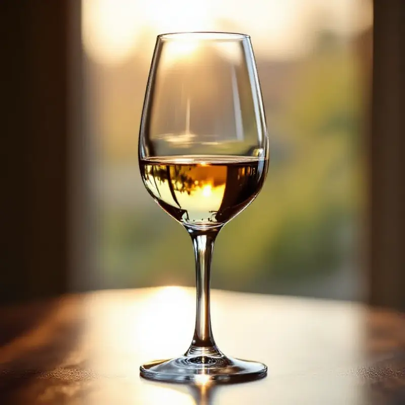 An elegant Riesling glass showing characteristic petrol and spice aromas suggested by warm amber color, held up to so...