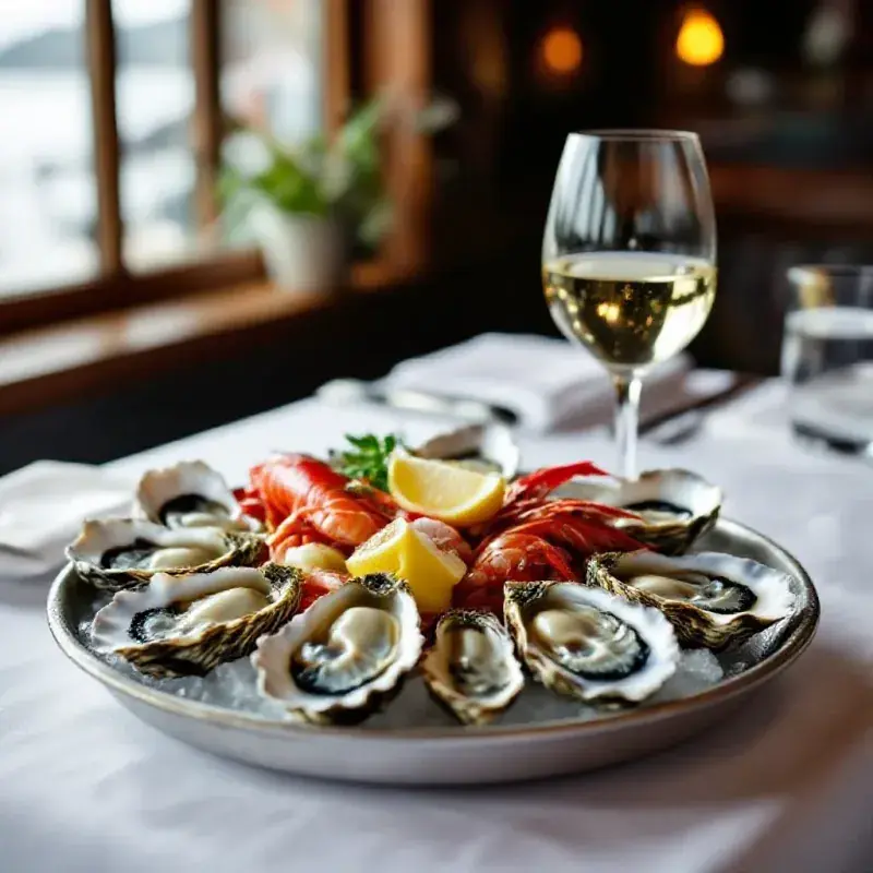 A seafood platter with fresh oysters, langoustines, and a glass of pale Riesling wine on a white linen tablecloth in...