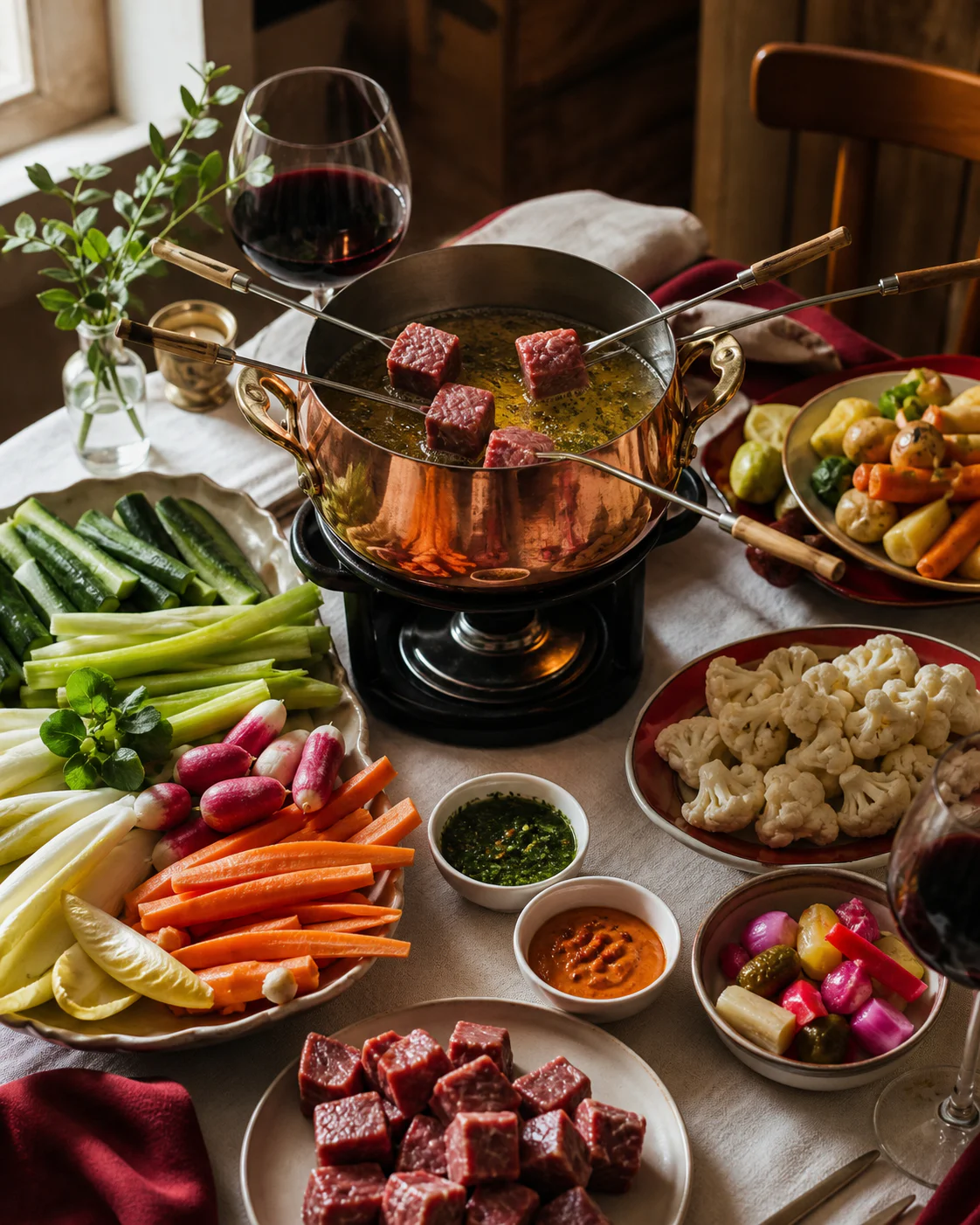 Légumes pour fondue bourguignonne équilibrent mieux la viande qu’un plateau lourd