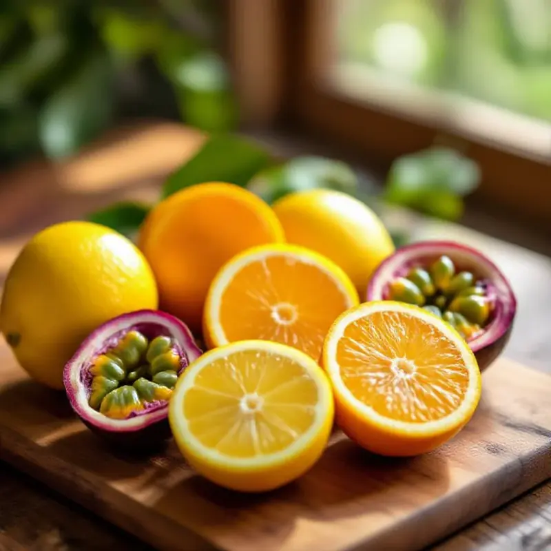 Fresh citrus fruit and passion fruit sliced on a wooden table, the vibrant yellow and orange colors evoking the tropi...