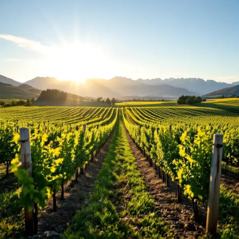 A New Zealand Marlborough Sauvignon Blanc vineyard under brilliant Pacific sunlight, the Southern Alps faintly visibl...