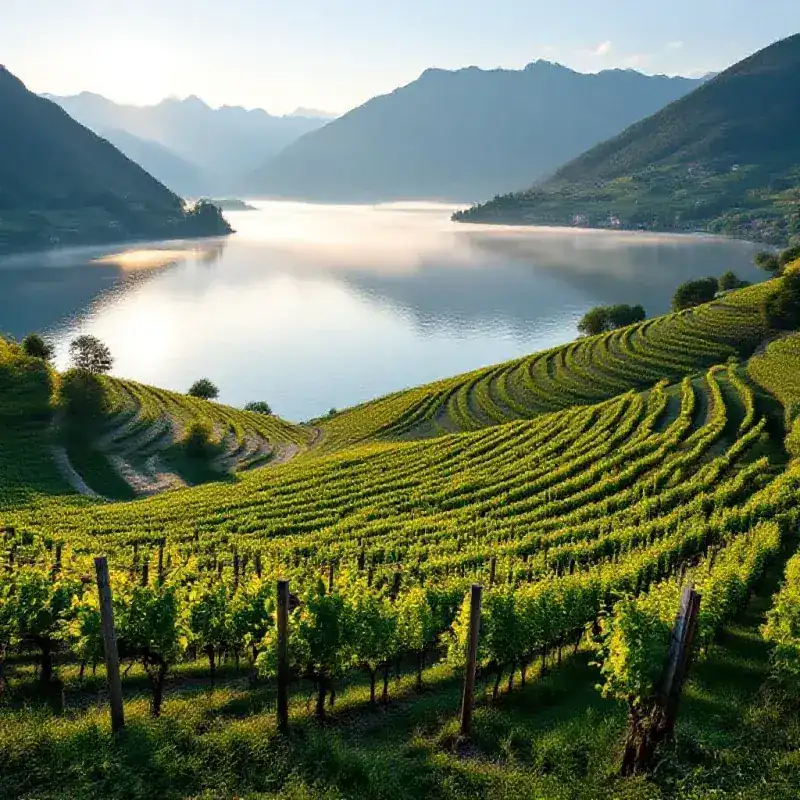 Savoie vineyard terraces descending toward the glittering surface of an Alpine lake, pale morning mist hovering over...