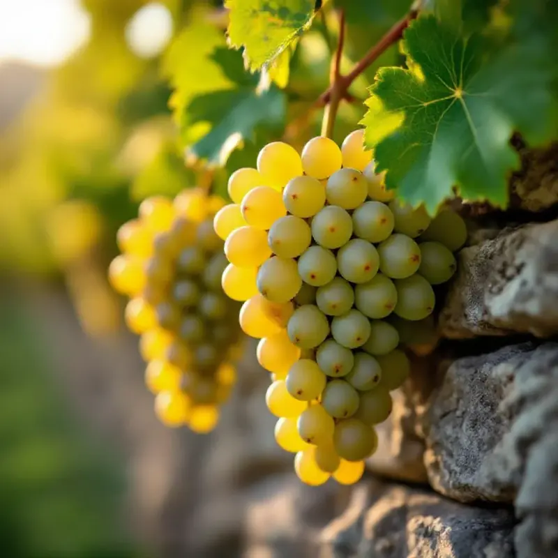 Altesse white grape clusters on a Savoie vine, pale golden-green berries with a translucent quality in warm afternoon...