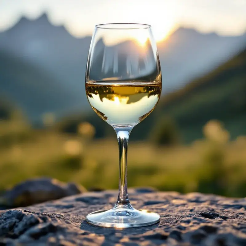 A Savoie white wine glass with golden highlights reflecting soft afternoon light, the crisp mineral wine suggesting a...