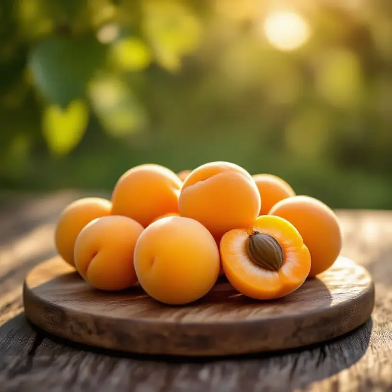 Fresh golden apricots on a rustic wooden board, the warm fruit evoking the characteristic apricot aromas of Roussanne...