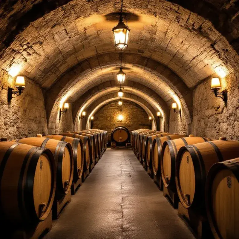 A Savoie wine cellar with stone-vaulted ceilings and rows of oak barrels, soft amber light from wall lanterns casting...