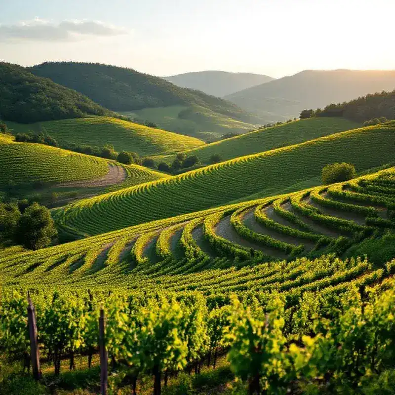 Terraced vineyard hillsides typical of the Jura region bathed in warm afternoon light, the geometric precision of the...
