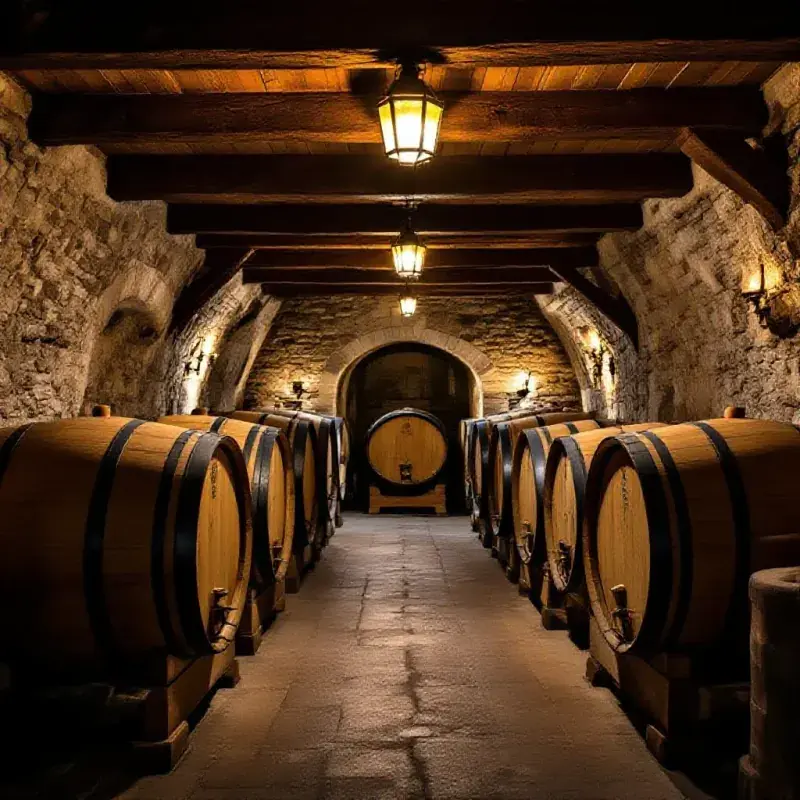 A traditional South-West French wine cellar with old French oak barrels resting in a stone-walled space, soft amber l...
