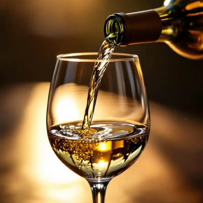 Golden white wine being poured gracefully into a crystal glass against a backdrop of warm sunlight, the liquid catchi...