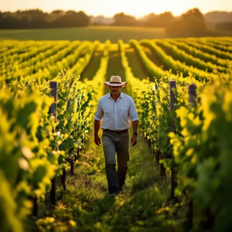 A winemaker walking through lush green-covered vineyard rows in the Sud-Ouest, checking the vines with confident expe...