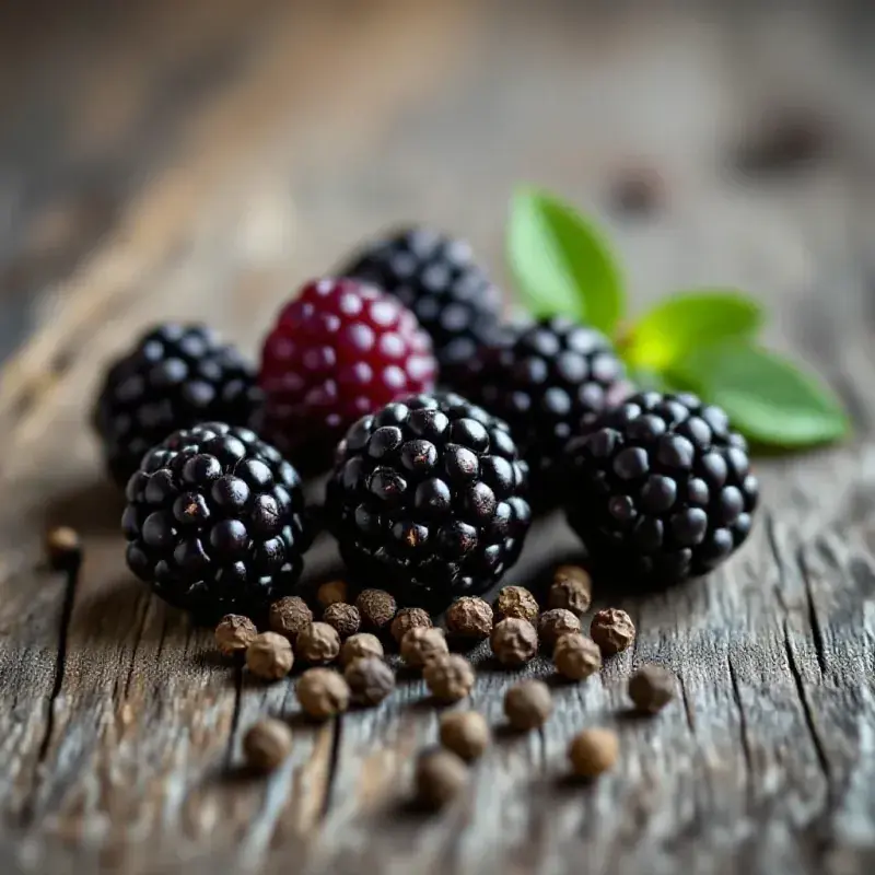 Black peppercorns and fresh blackberries arranged on a weathered oak surface, the dark colors evoking the characteris...