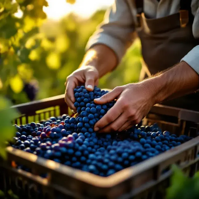 A winemaker harvesting Syrah grapes, hands carefully placing dark inky clusters into a harvest crate, warm afternoon...