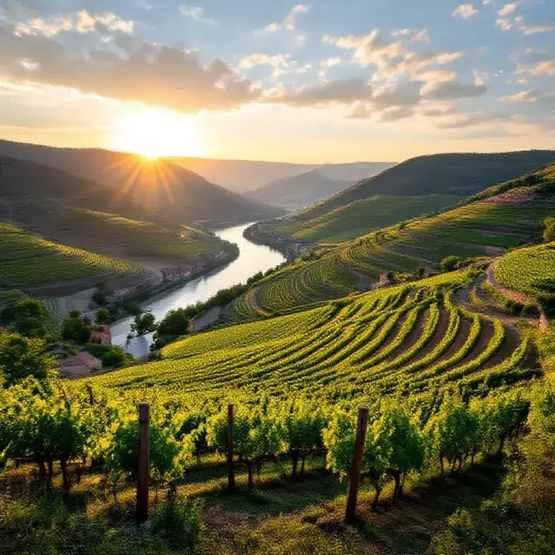 Steep granite-terraced Rhône Valley vineyards with the river visible far below, the Cornas or Hermitage hillsides cat...