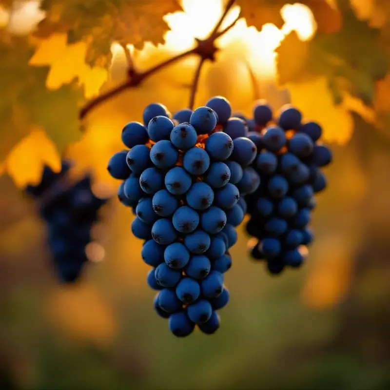 Dark Syrah grape clusters on the vine, inky blue-black berries with a dusty bloom backlit by warm afternoon light, vi...