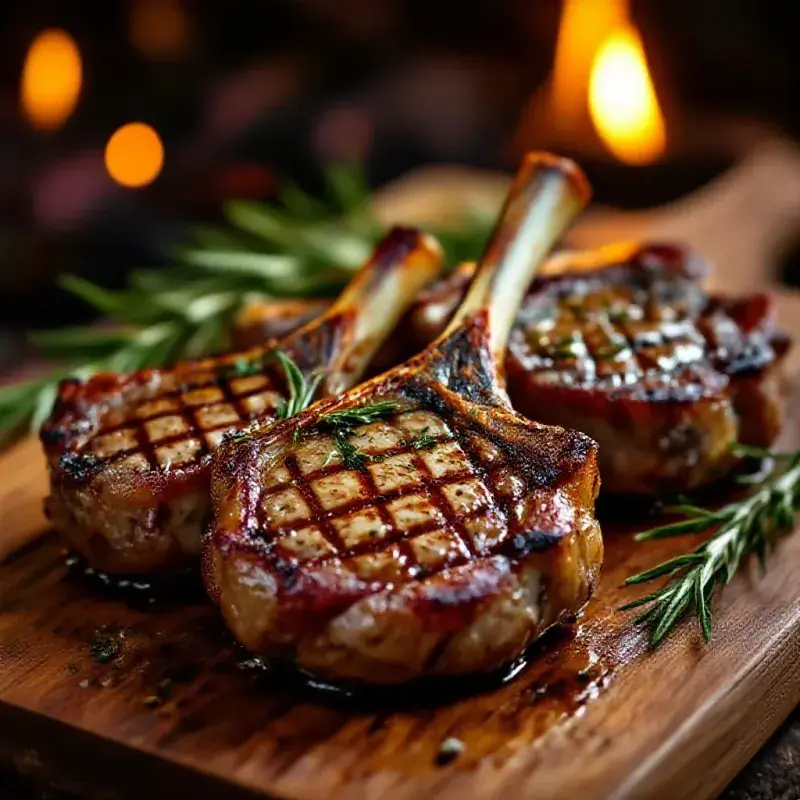 Thick-cut grilled lamb chops with a golden-brown crust resting on a wooden board, rosemary sprigs, warm amber grill l...