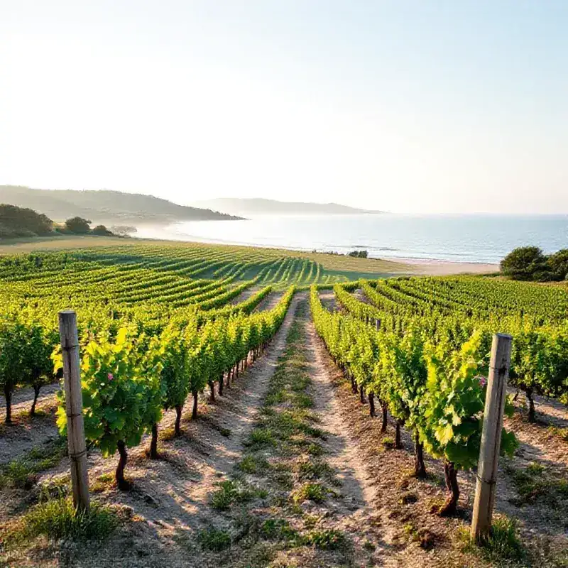 Muscadet vineyards near the Atlantic coast, pale sandy soils and low-growing gnerved vines under soft coastal morning...