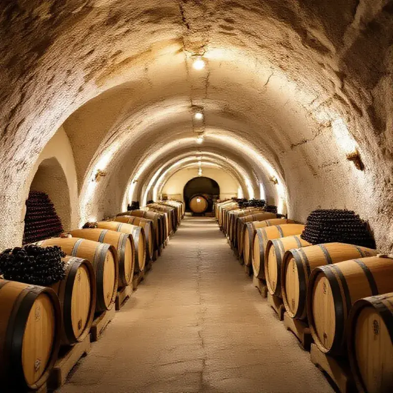 The famous Saumur tuffeau cave cellars, creamy white stone carved into arched galleries filled with wine bottles and...
